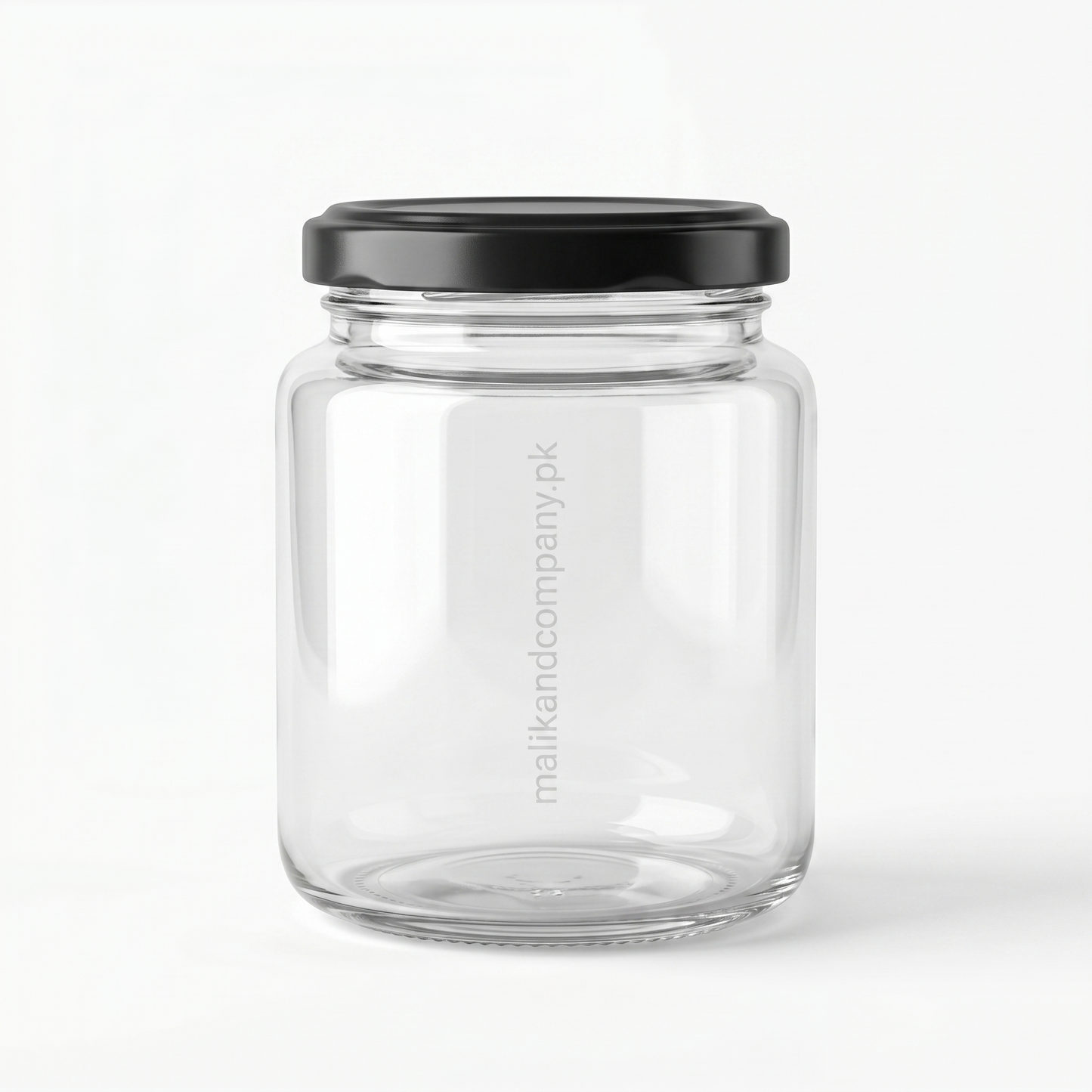 300ml clear glass jar with black metal lug lid for wholesale food packaging Pakistan.