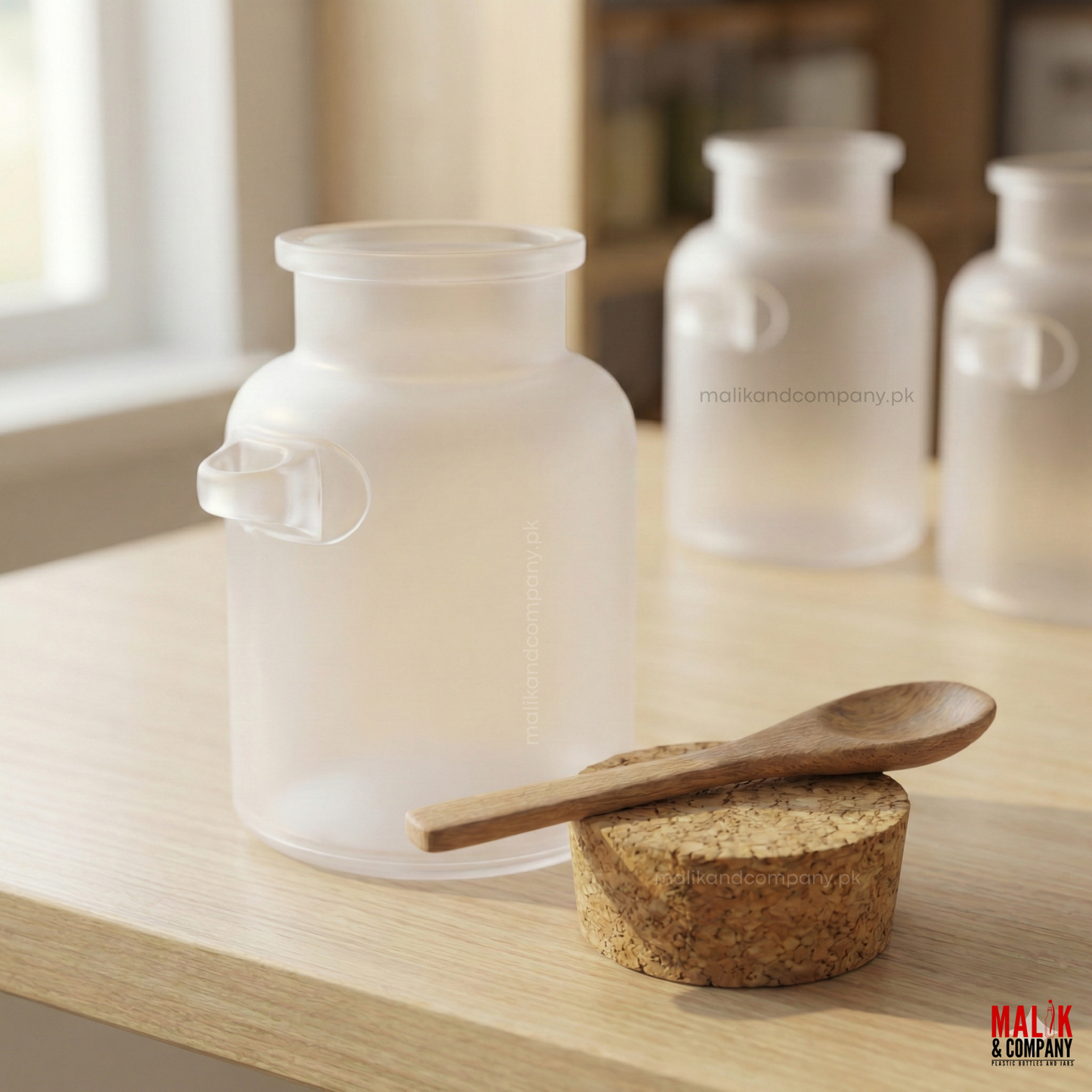 Frosted Honey Jar with Wooden Spoon & Cork Stopper