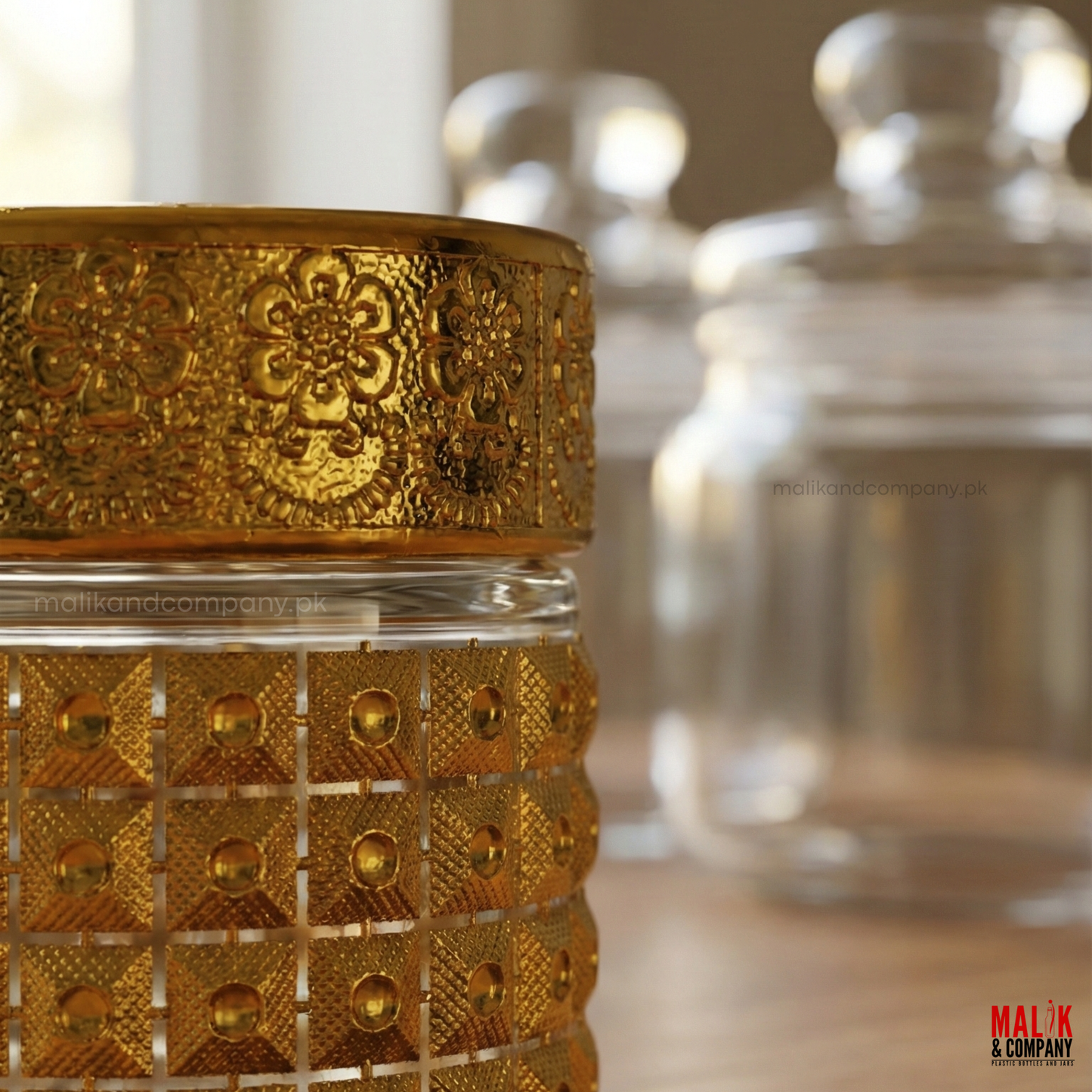 Decorative vintage gold glass jar for saffron honey and gifting wholesale Pakistan