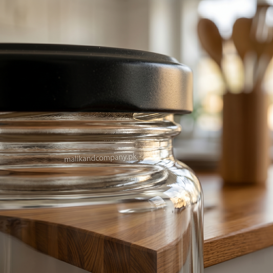 300ml clear glass jar with black metal lug lid for wholesale food packaging Pakistan.