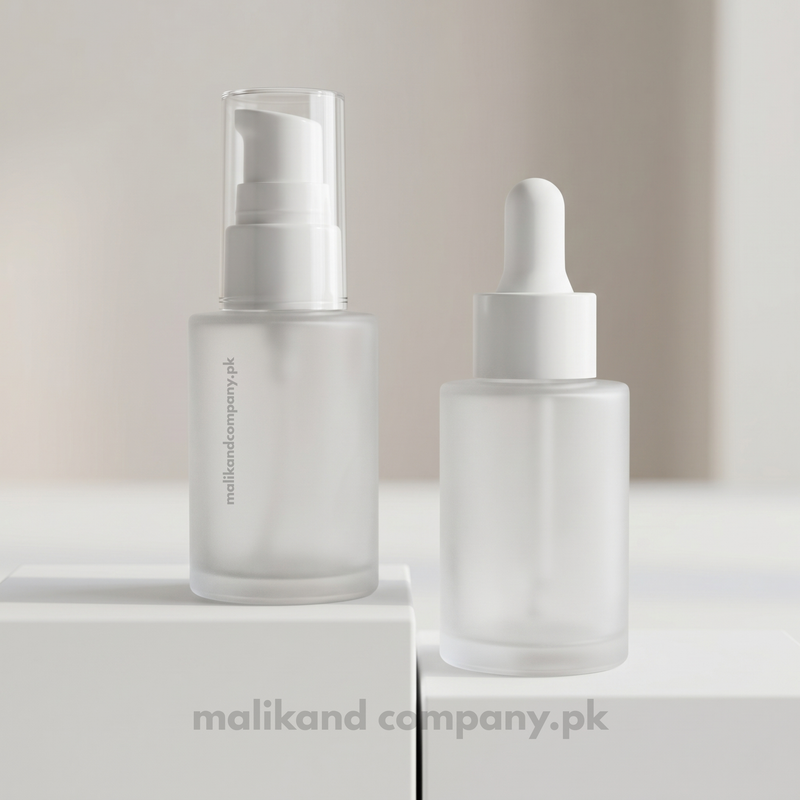 Frosted White Glass Serum Bottle | Pump & Dropper | Empty Cosmetic Bottle – Wholesale Pakistan