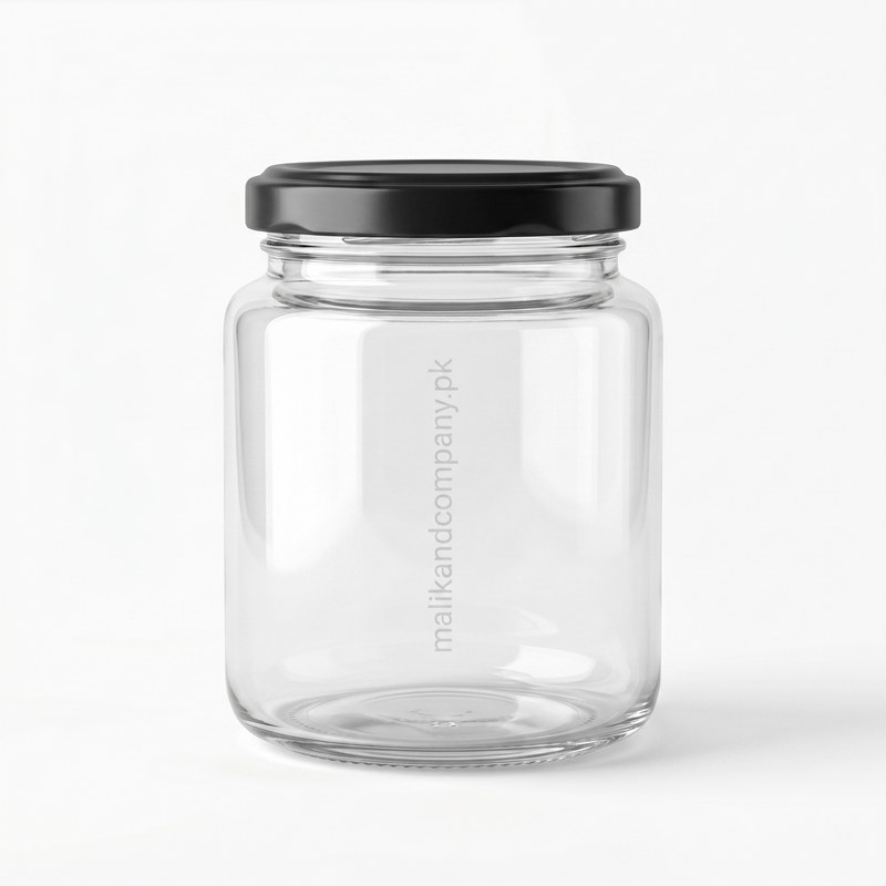 300ml clear glass jar with black metal lug lid for wholesale food packaging Pakistan.