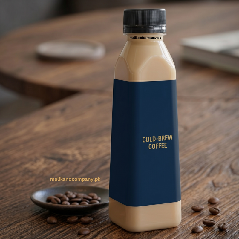 Empty clear 250ml PET plastic bottle with a black screw cap, SHOWING COFFEE AND DRINK IN IT, wholesale from malikandcompany.pk.