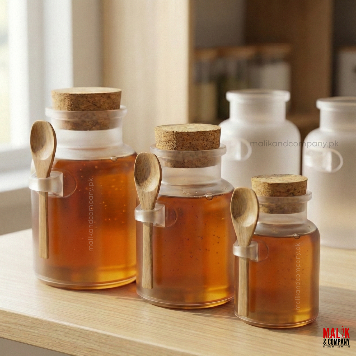 Frosted honey jar with wooden spoon and cork lid wholesale Pakistan 200ml 300ml