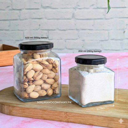 Square Glass jars for Honey, Jam, Spices & Pickles storage
