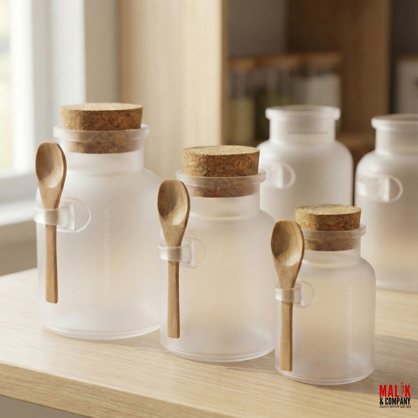 Frosted Honey Jar with Wooden Spoon & Cork Stopper