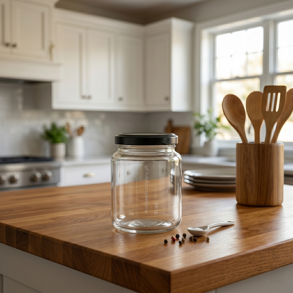 300ml clear glass jar with black metal lug lid for wholesale food packaging Pakistan.