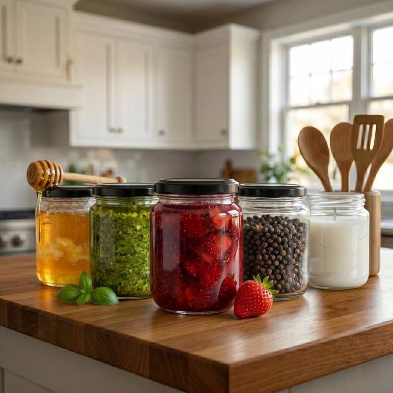 300ml clear glass jar with black metal lug lid for wholesale food packaging Pakistan.