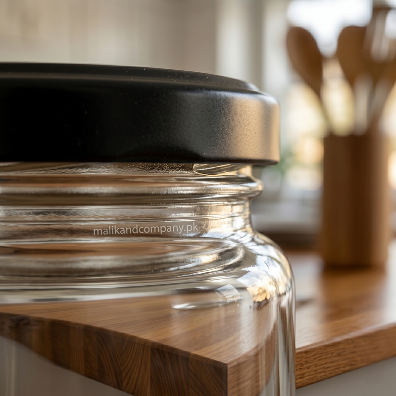 300ml clear glass jar with black metal lug lid for wholesale food packaging Pakistan.