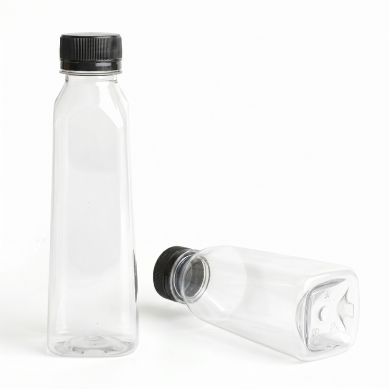 An upright 250ml clear PET bottle with the black cap standing separately, demonstrating the packaging solution components before assembly.