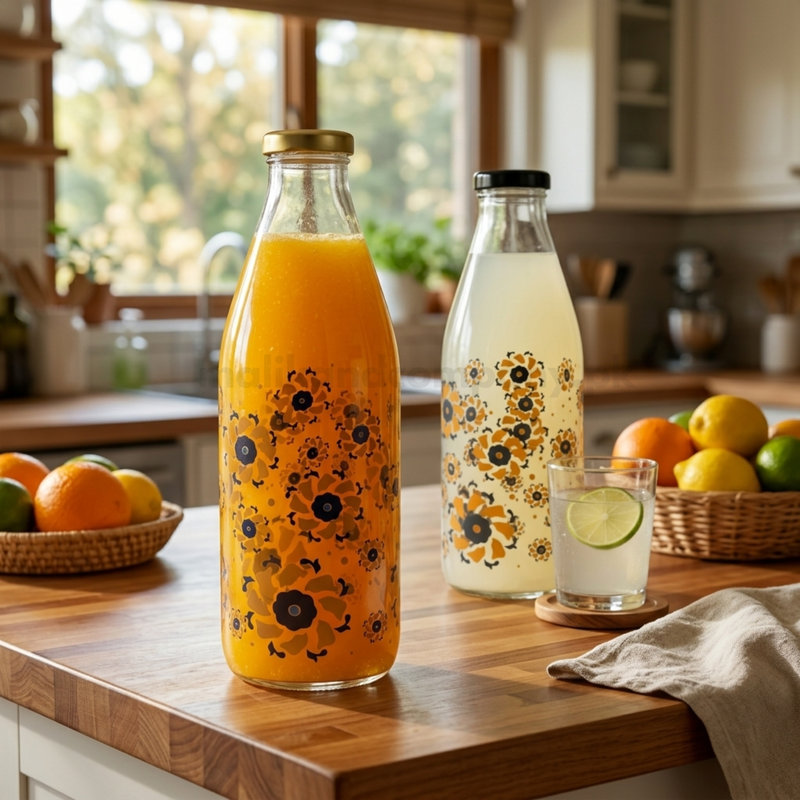 1 Litre Floral Printed Glass Beverage Bottle