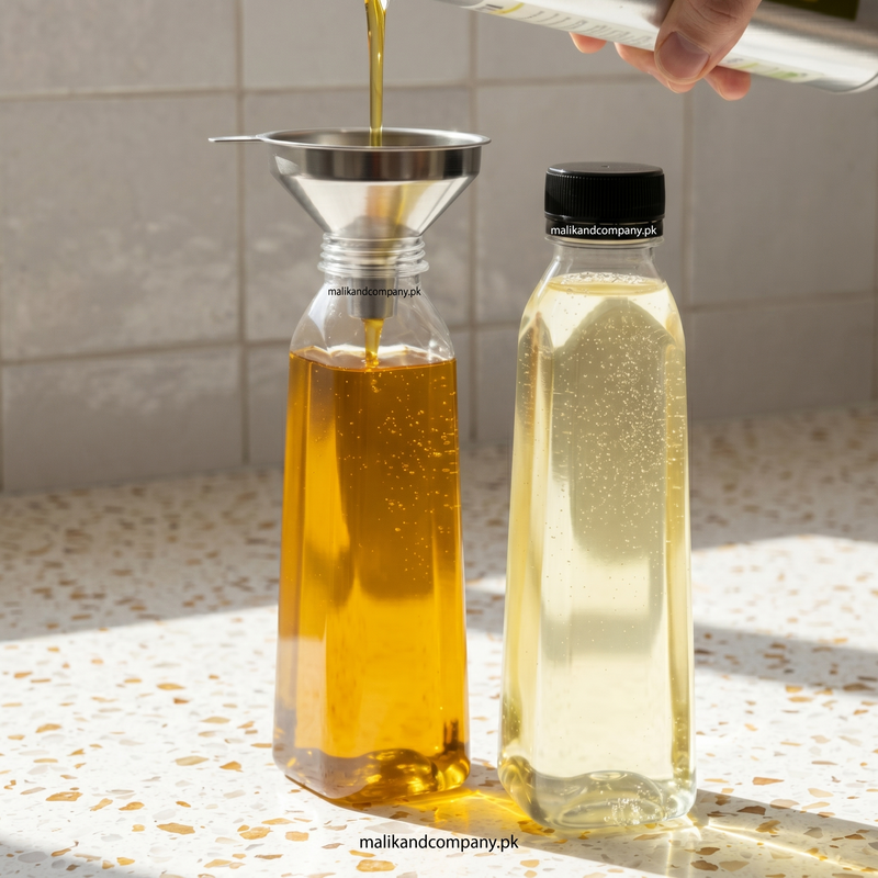 Person pouring oil into a bottle with a funnel on a tiled surface. A clean, commercial product image of the 250ml clear plastic bottle with its black cap tightly secured, guaranteeing leak-proof shipping.