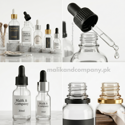 Clear glass serum dropper bottle 30ml with gold cap wholesale cosmetic packaging Pakistan