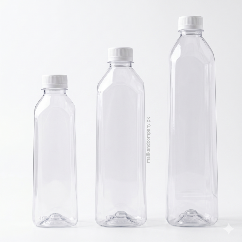 A lineup of three empty, clear PET plastic bottles with black caps, including a 250ml, a 500ml, and a 1000ml (1 liter) bottle, showing the full wholesale packaging range.