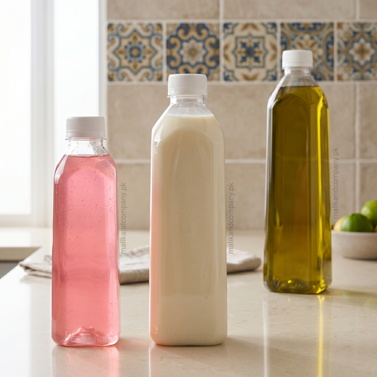 Group product image featuring the three commercial-grade clear plastic bottle sizes: 250ml, 500ml, and 1000ml, with black caps, suitable for diverse product lines.
