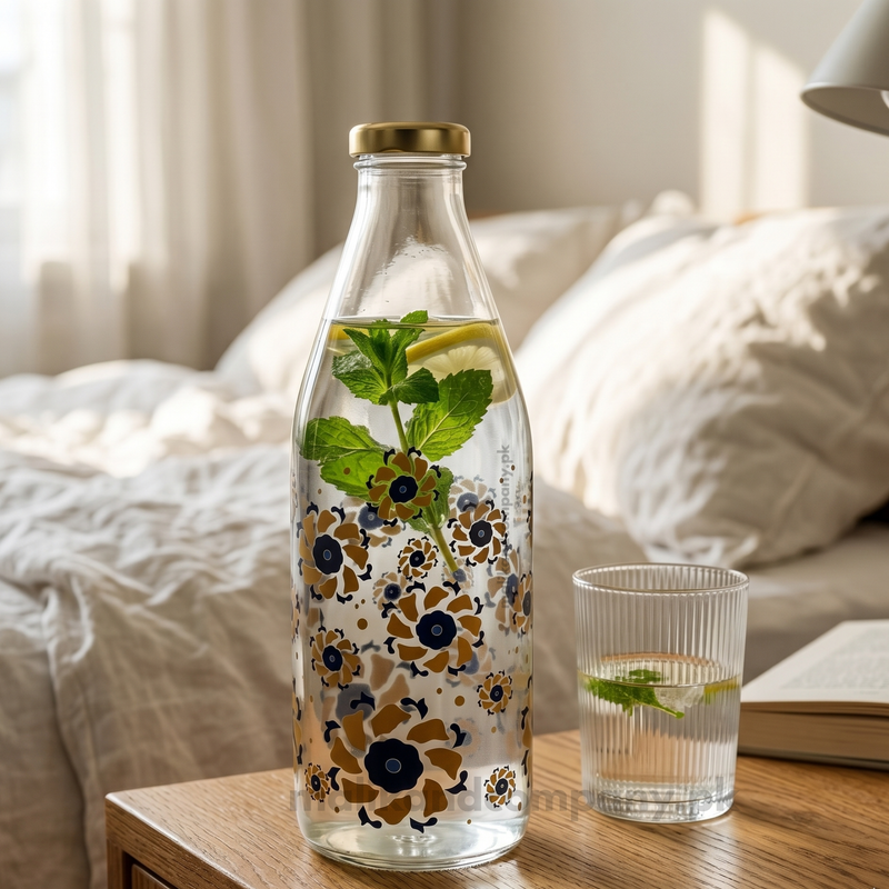 1 Litre Floral Printed Glass Beverage Bottle