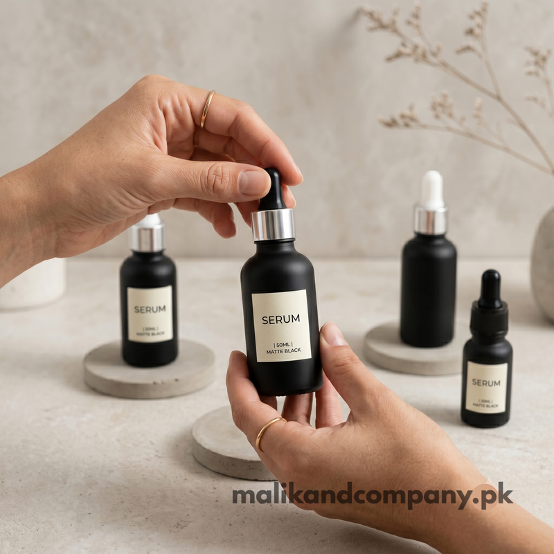 Matte Black Glass Dropper Bottle | Empty Serum, Oil & Attar Bottle – Wholesale Pakistan
