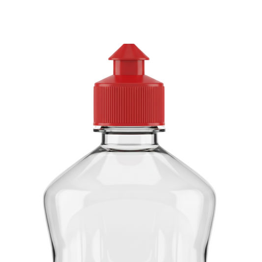 Clear bottle with a red cap on a white background