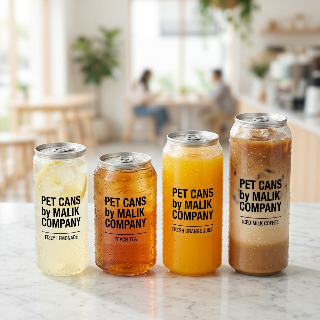 Clear PET cans in 250ml, 330ml, 360ml and 500ml sizes filled with juice, tea and cold brew - wholesale transparent plastic beverage cans by Malik and Company