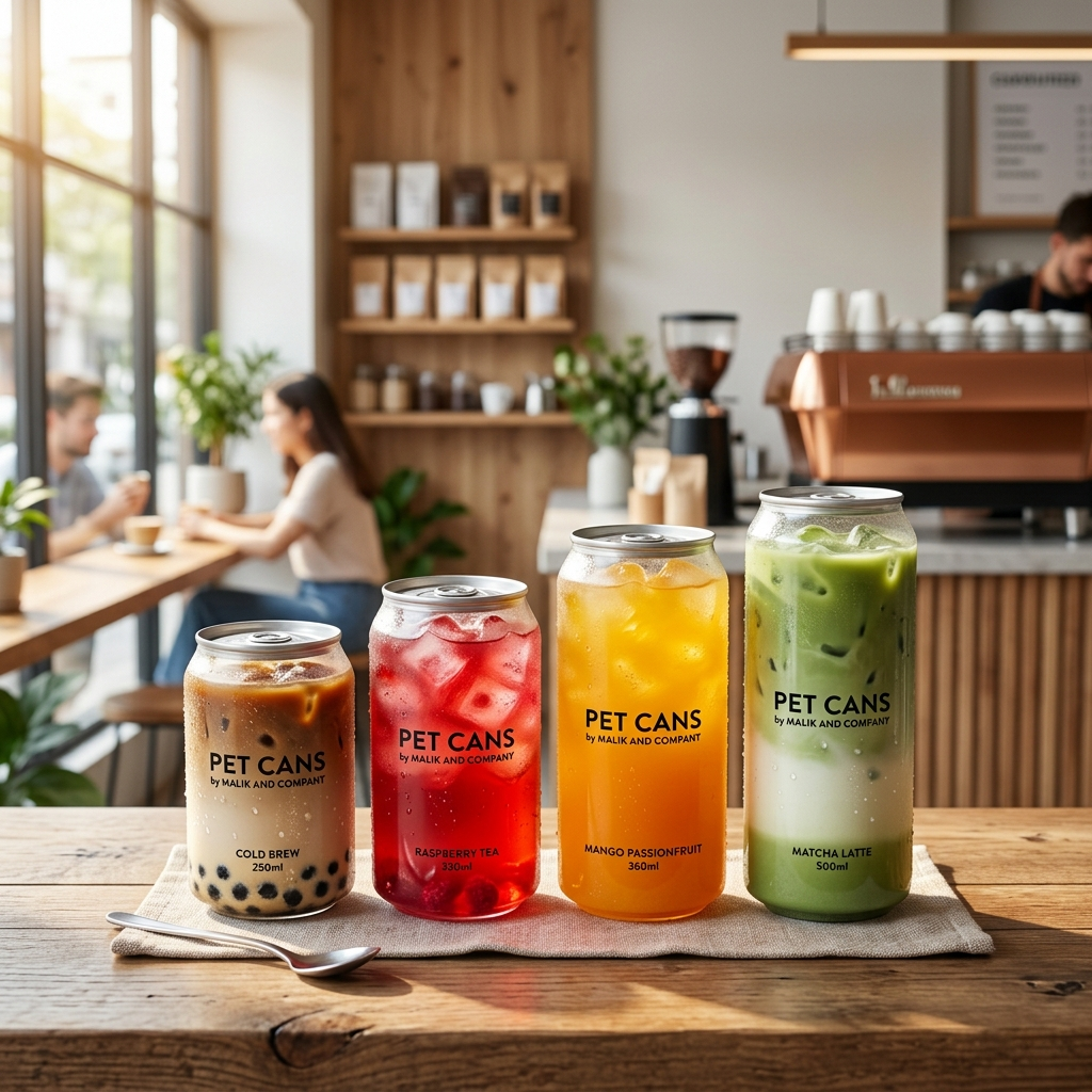Transparent PET boba cans with aluminium easy-open lids holding bubble tea and iced drinks in a cafe - clear plastic cans for bubble tea shops and juice bars