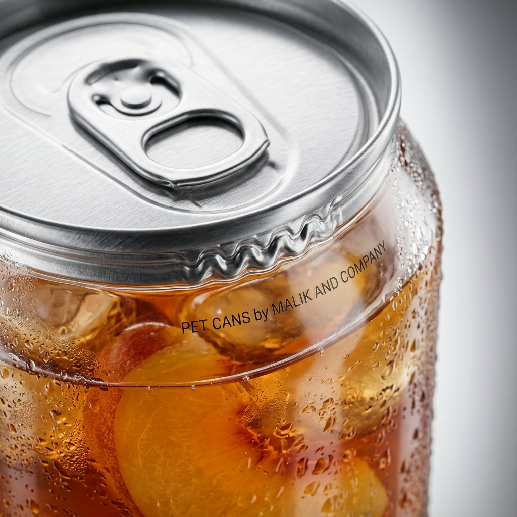 Close-up of clear PET can aluminium easy-open end lid sealed over iced tea - premium leak-proof transparent beverage can detail