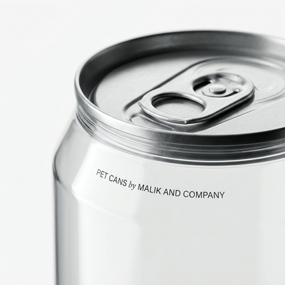 Blank transparent PET can with aluminium pull-tab lid close-up - clear plastic can for juice, soda, cold brew and bubble tea packaging