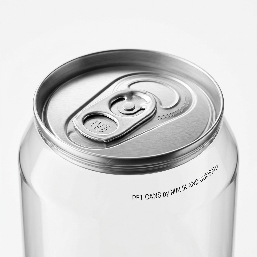 Empty blank clear PET can with silver aluminium easy-open lid on white background - unprinted food grade plastic beverage can wholesale