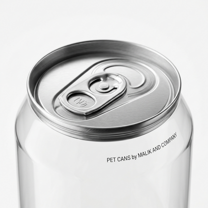 Empty blank clear PET can with silver aluminium easy-open lid on white background - unprinted food grade plastic beverage can wholesale