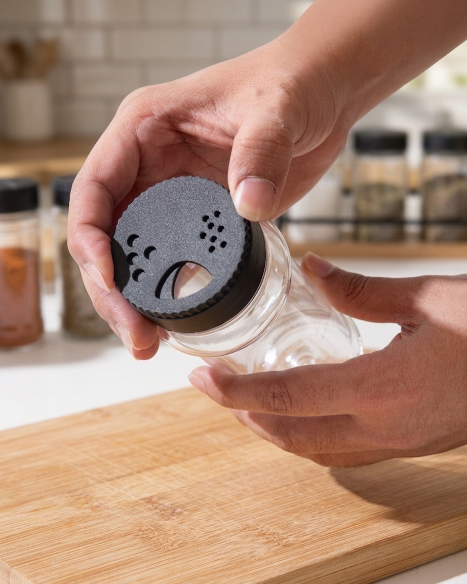 Screwing the shaker cap onto a clear PET spice jar — BPA-free kitchen storage