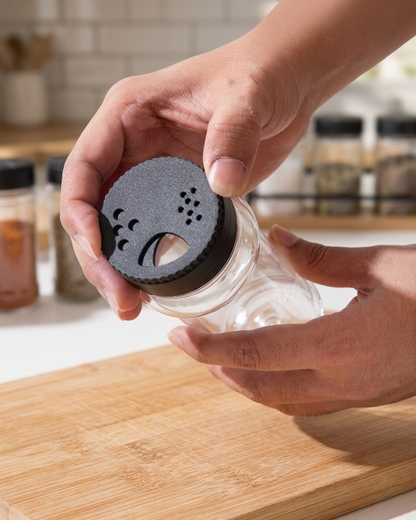 Screwing the shaker cap onto a clear PET spice jar — BPA-free kitchen storage