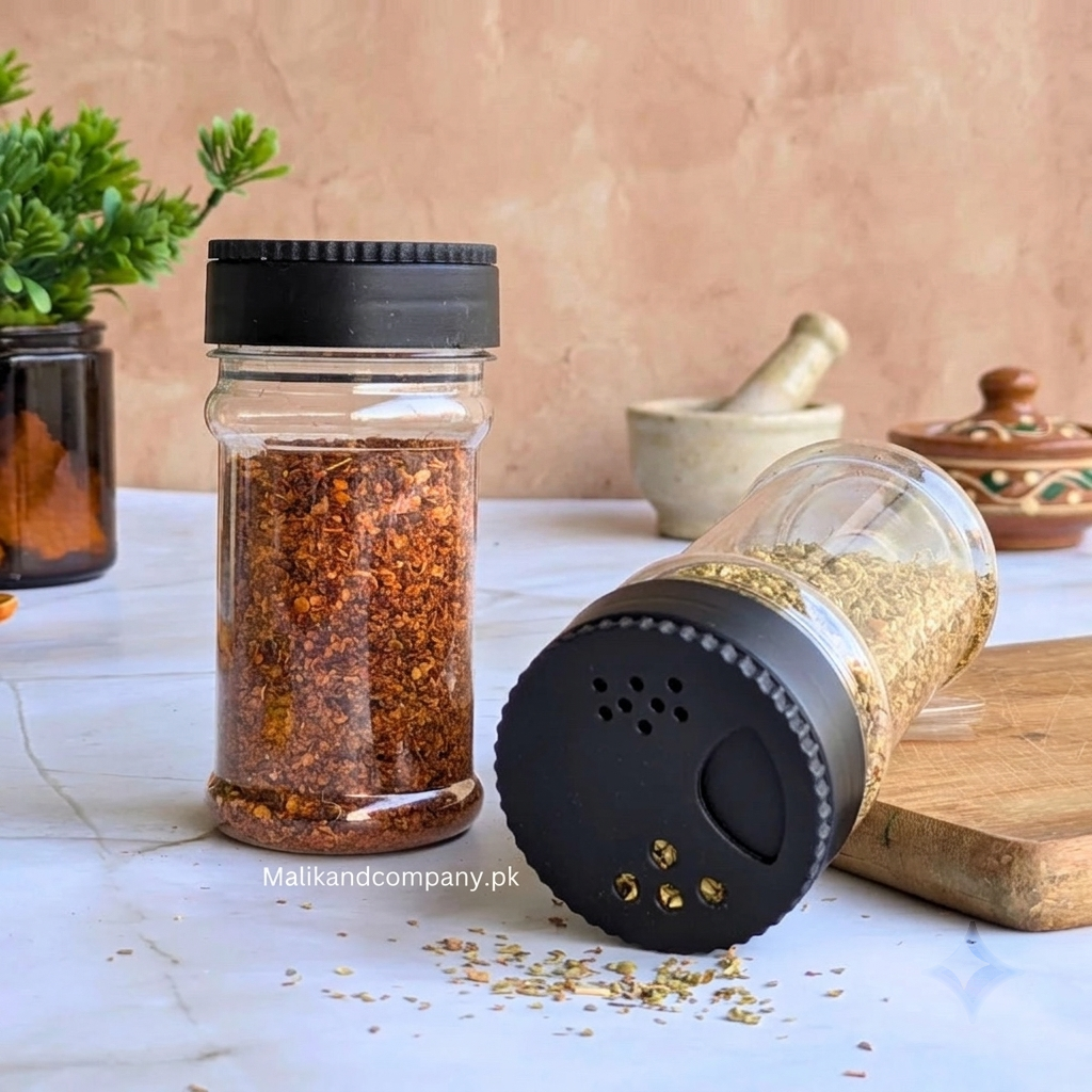 Shaker spice jars filled with chilli flakes and herbs — PET masala bottles, Pakistan