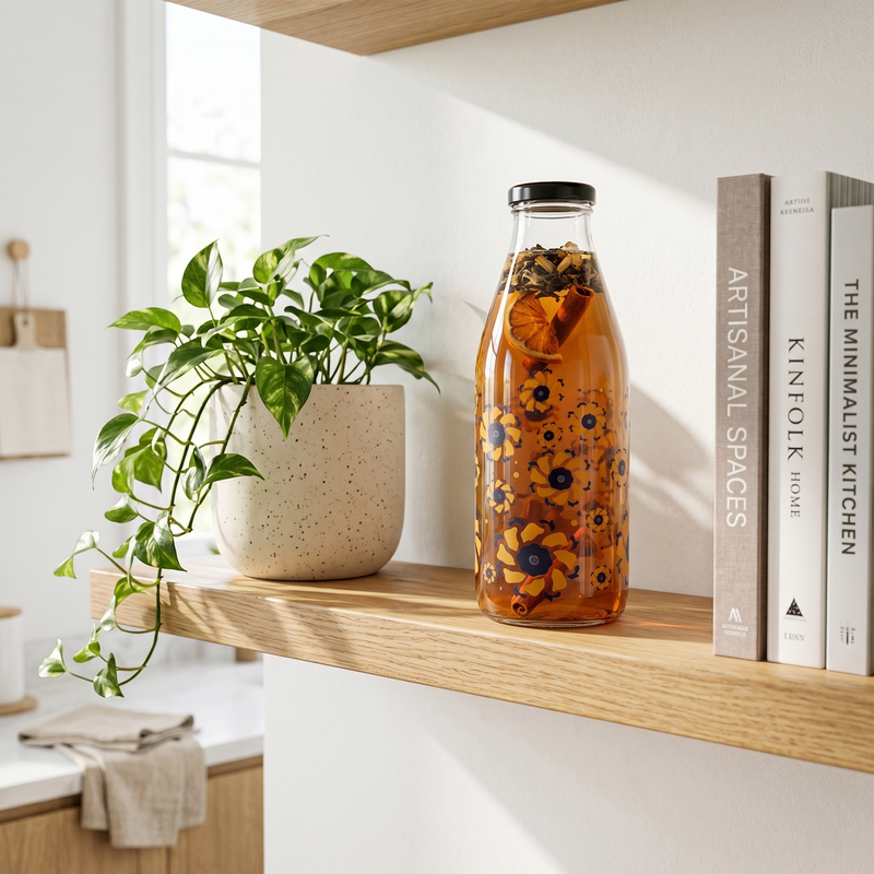 1 Litre Floral Printed Glass Beverage Bottle